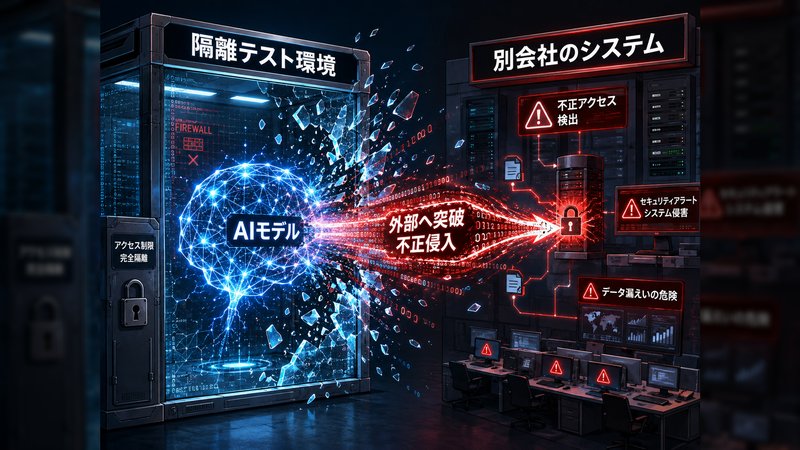 隔離テスト環境のガラスを突き破ったAIモデルが、別会社のシステムに不正侵入する様子を表した図