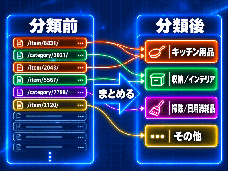 分類前のばらばらなURLの一覧を、「キッチン用品」「収納／インテリア」「掃除／日用消耗品」「その他」の4つのカテゴリーにまとめる